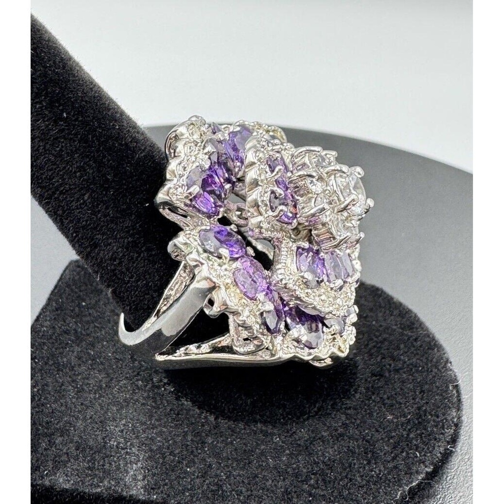 Silver Tone Purple & White Crystal Flower Bold Statement Cocktail Ring Size 7 - Picture 2 of 8